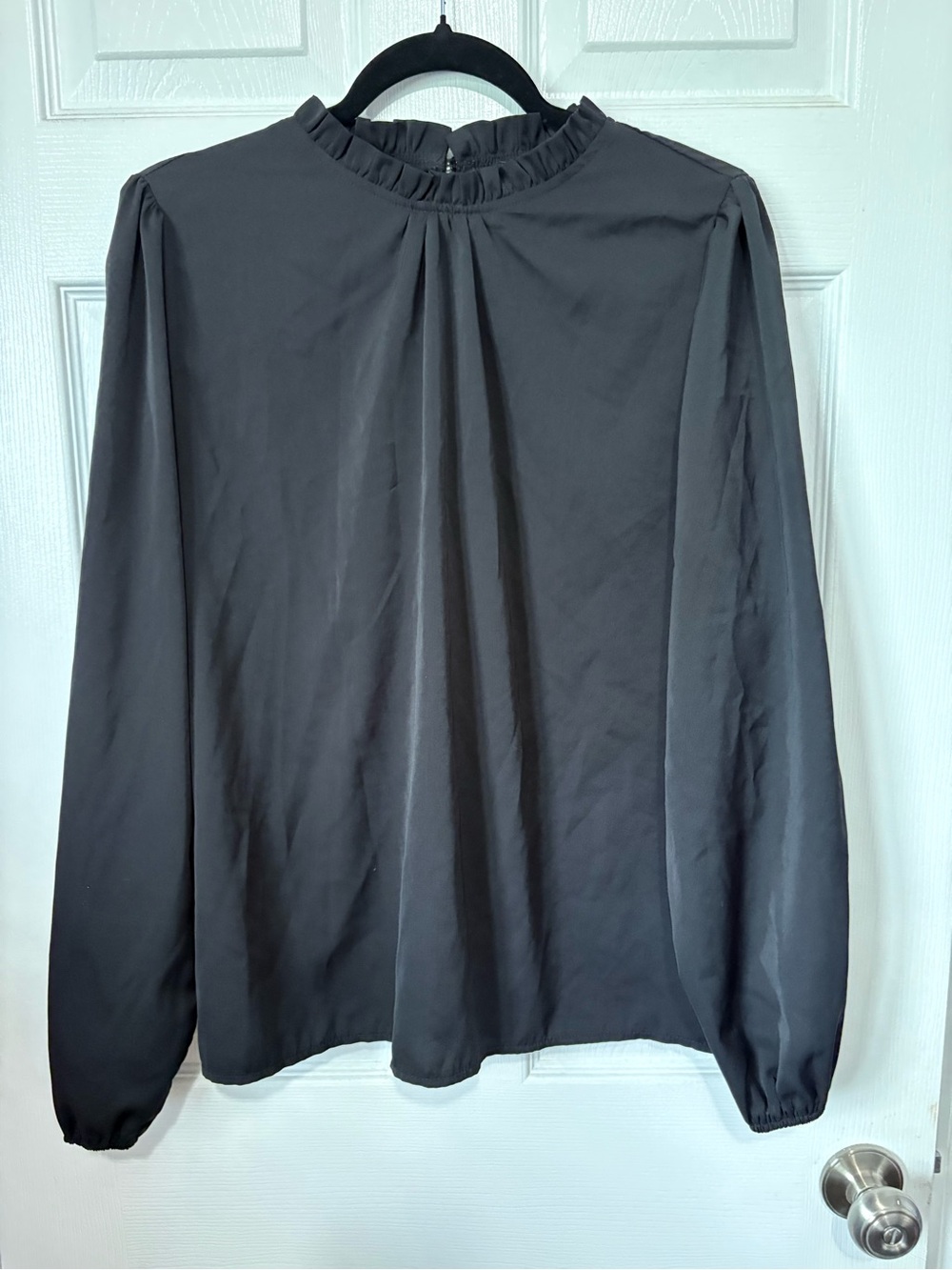 Women's Black Long-Sleeve Ruffle-Neck Top